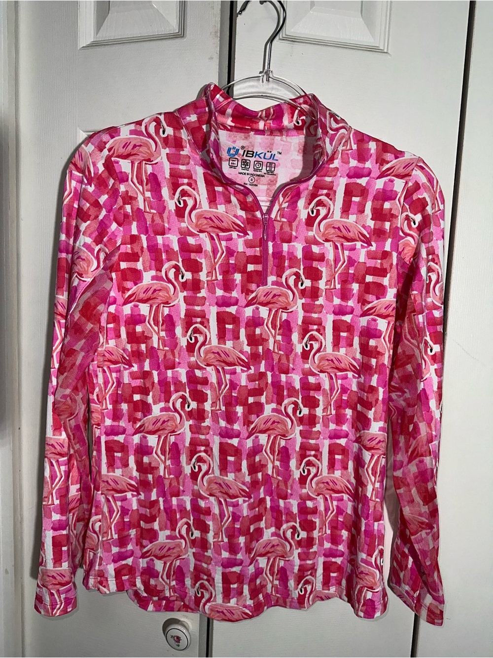 IBKUL Flamingo Print 1/4 Zip Long Sleeve Golf Top S UPF Pink Mesh  AA24